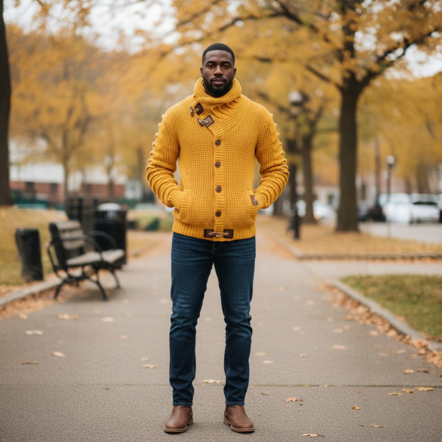 Mustard Cardigan Wrap Neck Button up Sweater