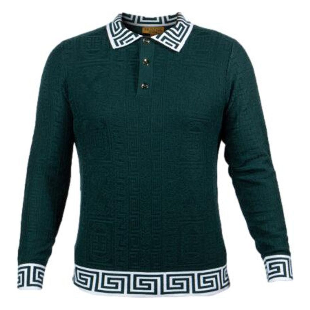 Prestige Green White Greek Key Polo Shirt  SW-345-GRN