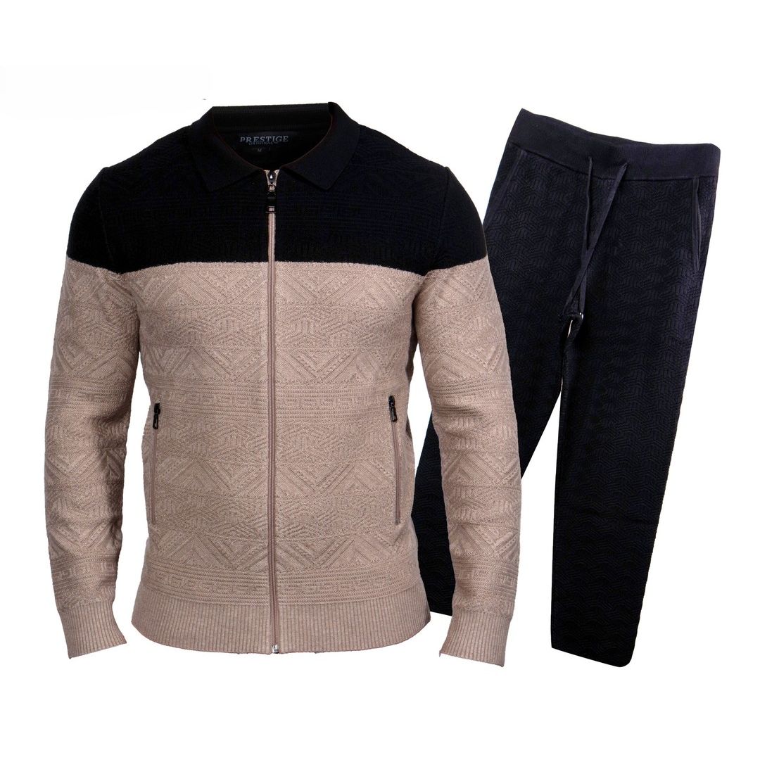 Prestige Black Taupe Two Toned Luxury Knit Jogger Suit LNG-230