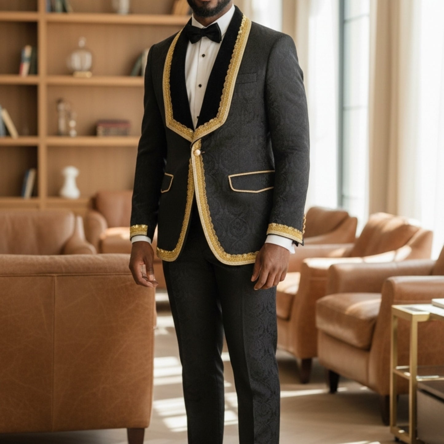 Manzini Black Gold Chanel Wedding Prom Tuxedo Suit
