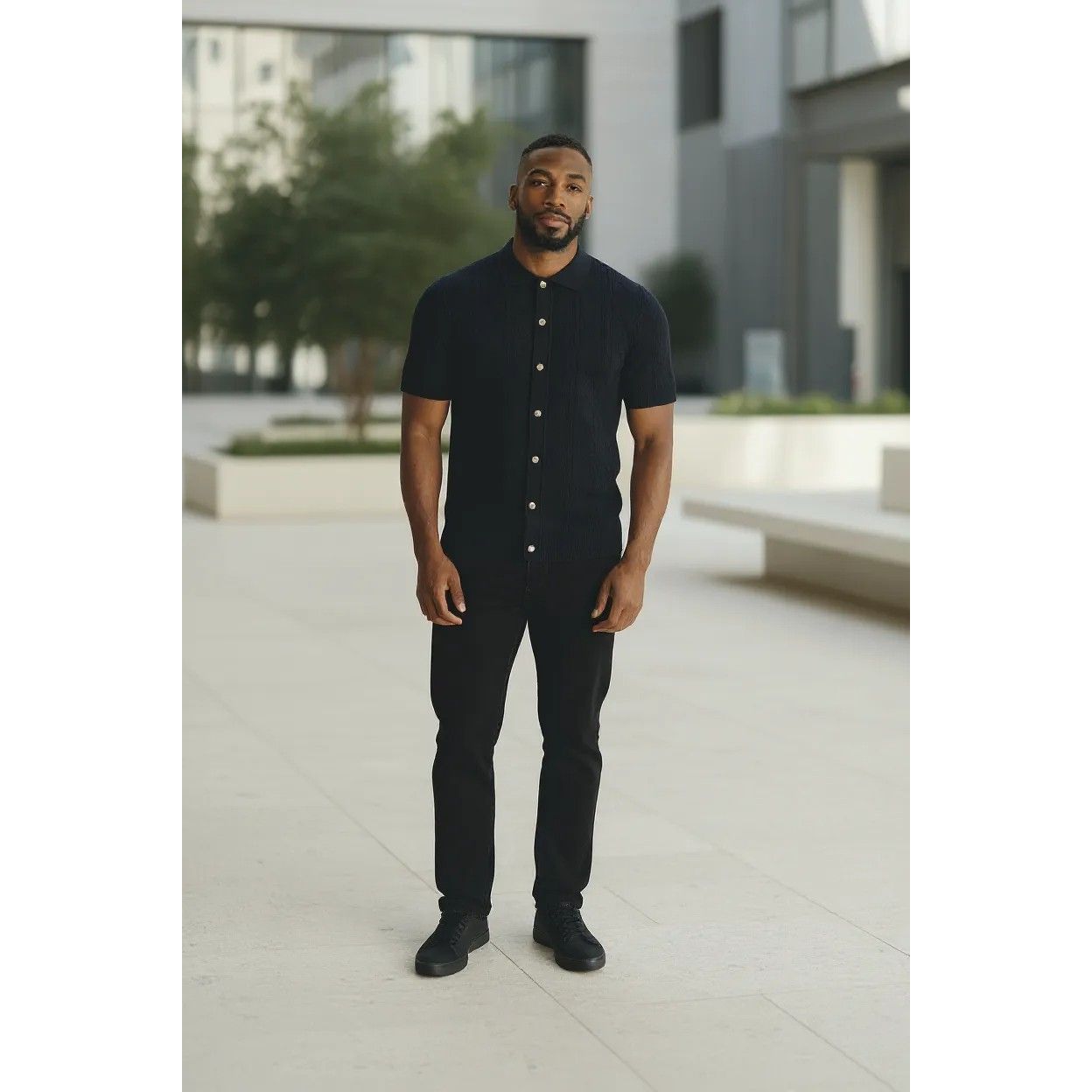 Prestige Black Knit Button Down Short Sleeve Shirt CMK-302
