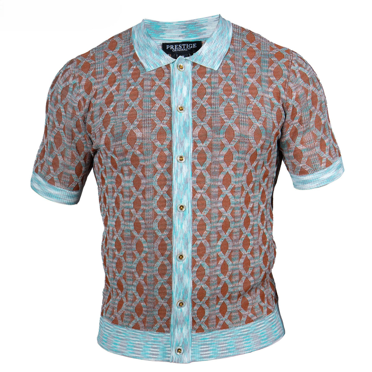 Short-sleeve shirt with a patterned design on a white background