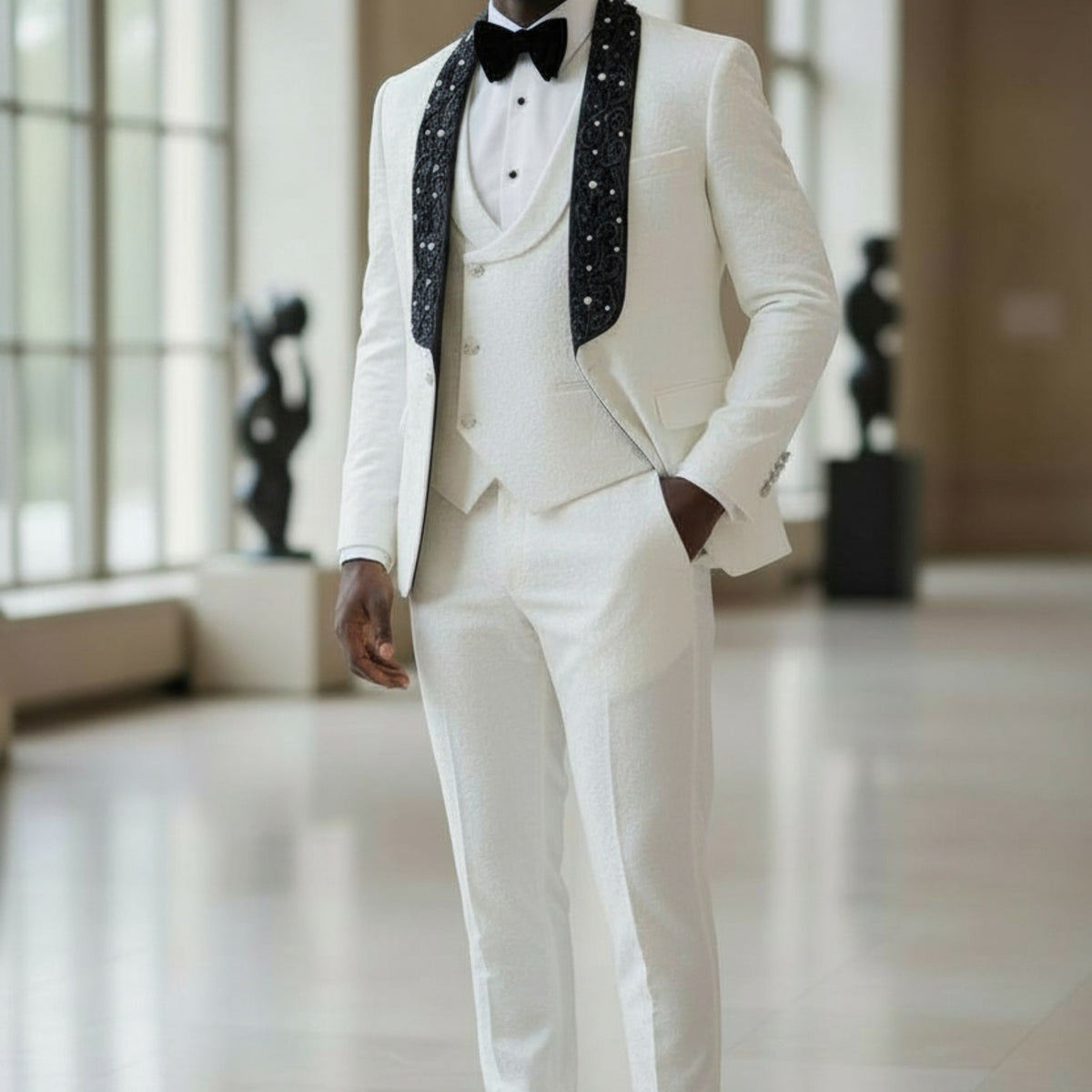 Manzini White Black Dior Formal 3 PC Tuxedo Suit