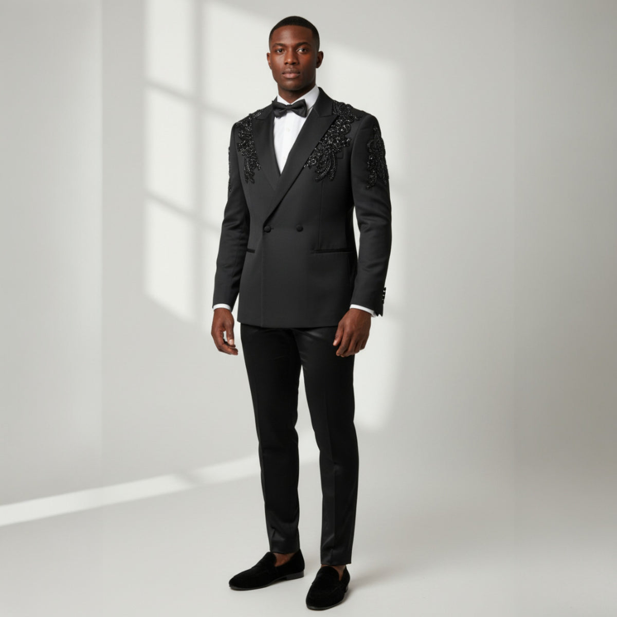 Manzini Black With Black Appliques Tuxedo Suit GQ300