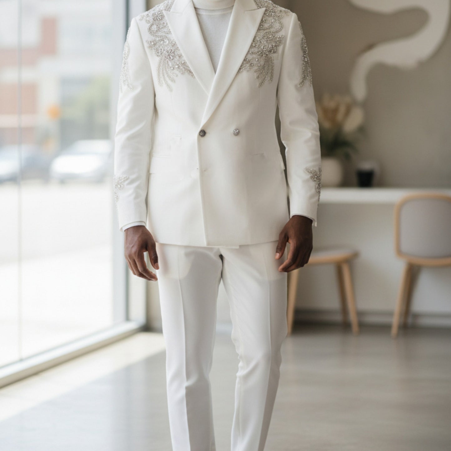 Manzini White With Silver Appliques Tuxedo Suit GQ300