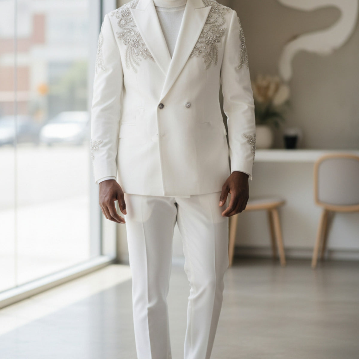 Manzini White With Silver Appliques Tuxedo Suit GQ300
