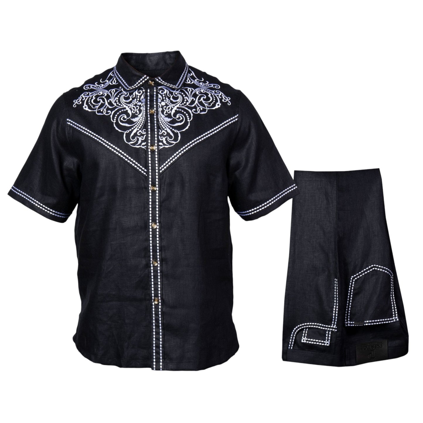 Prestige Luxury Black White Embroidered Linen Casual Suit - LUX-635