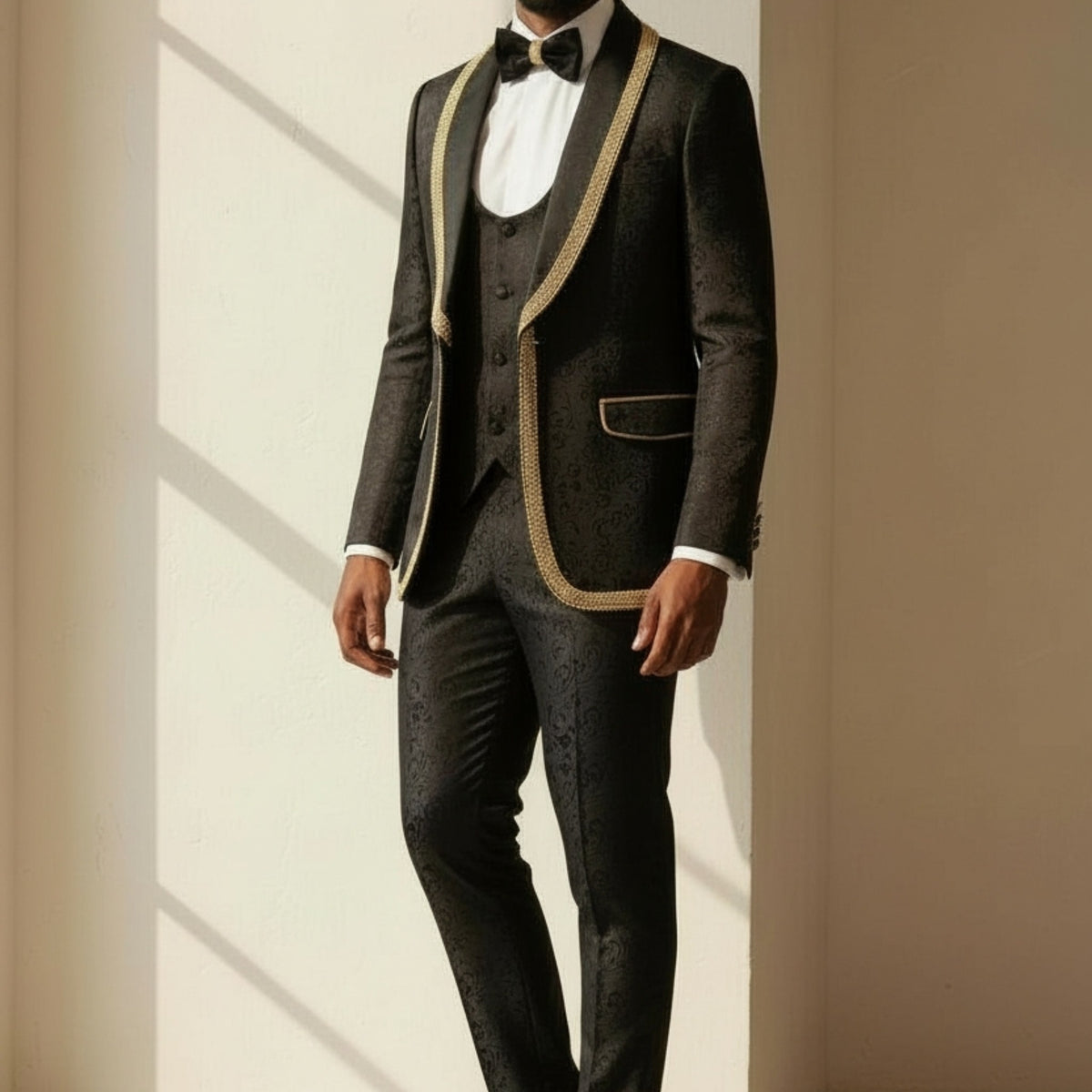 Manzini Black Gold Cartier Wedding Prom Tuxedo Suit