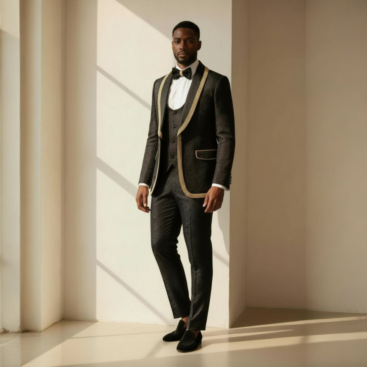 Manzini Black Gold Cartier Wedding Prom Tuxedo Suit