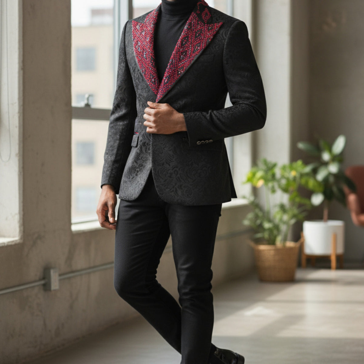 Manzini Black Red Rhinestone Slim Fit Tuxedo Jacket - MZS-603