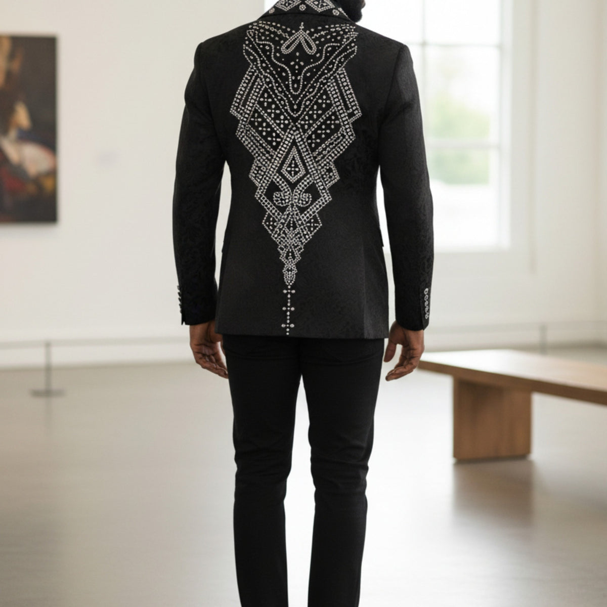 Manzini Black Silver Rhinestone Slim Fit Tuxedo Jacket - MZS-603