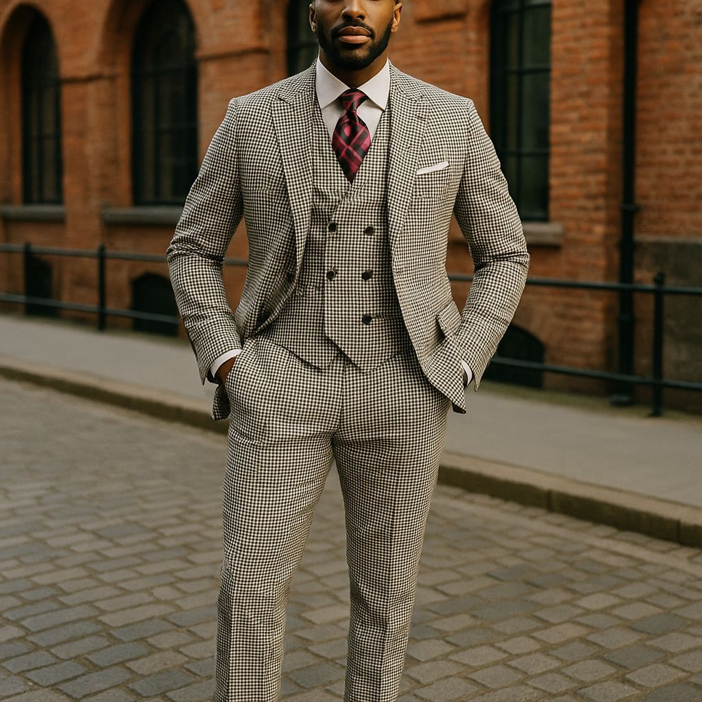 Tiglio Black White Check One Button Wide Peak Lapel Double Breasted Vest Suit