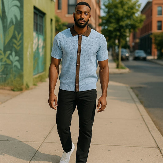 Couture Sky Blue Brown Button Up Collar Shirt