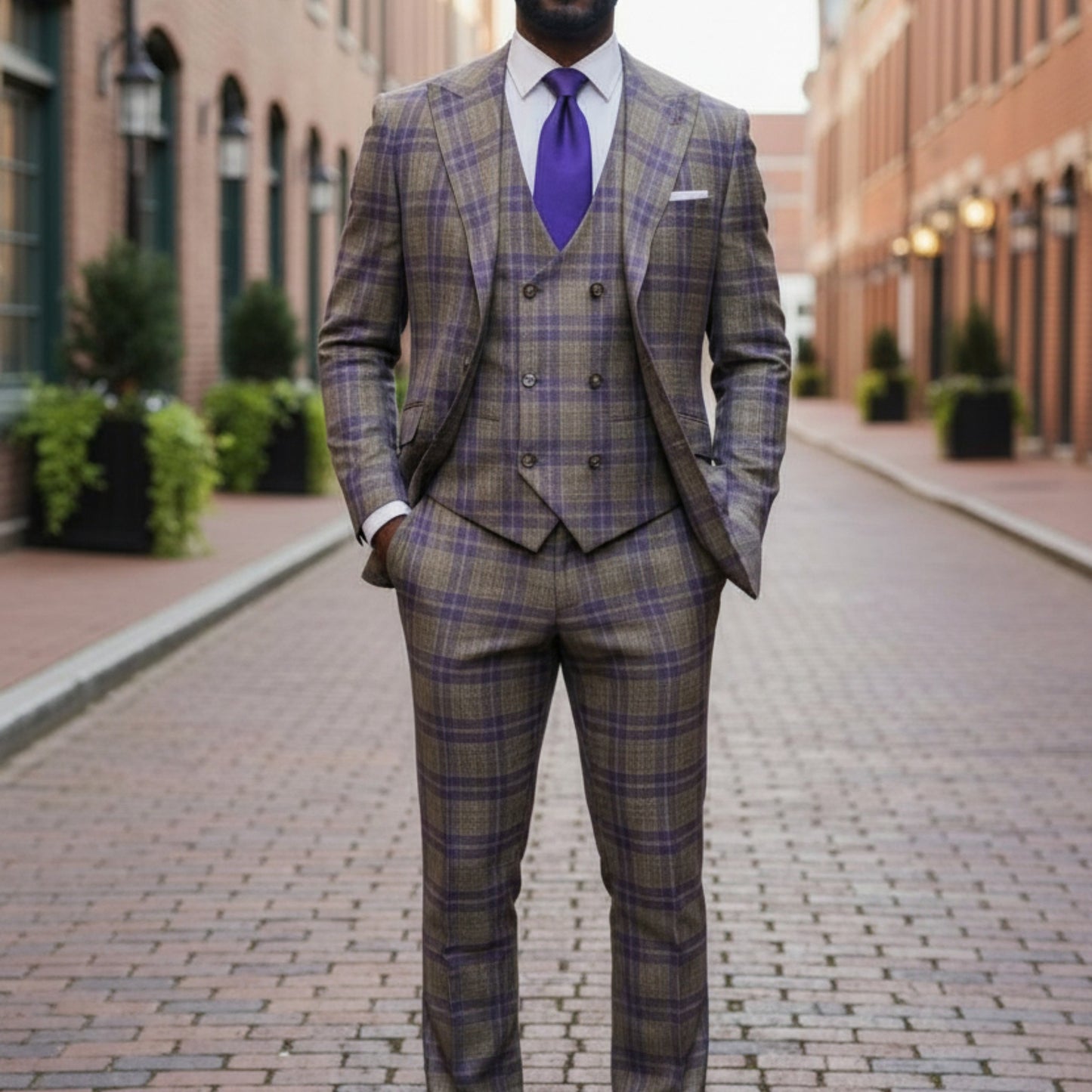 Tiglio Prosecco Camel Purple Windowpane Wool 3 Piece Suit TL6364