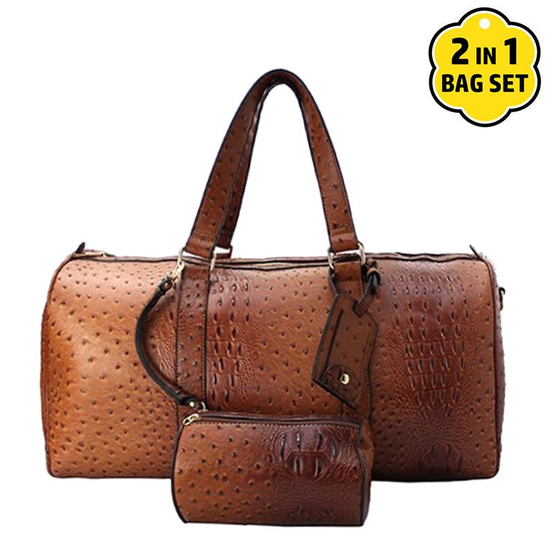 Ostrich Print Cognac Duffle Travel Bag
