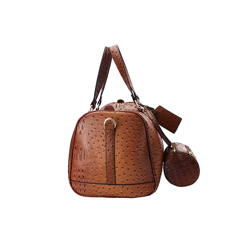 Ostrich Print Cognac Duffle Travel Bag