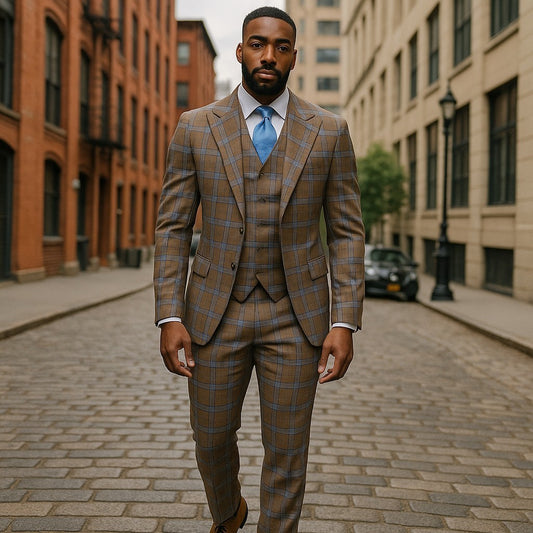 Tiglio Brown Blue Plaid One Button Wide Peak Lapel Double Breasted Vest Suit