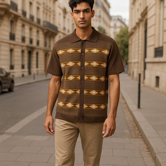 Couture Brown Orange Argyle Button Collar Shirt