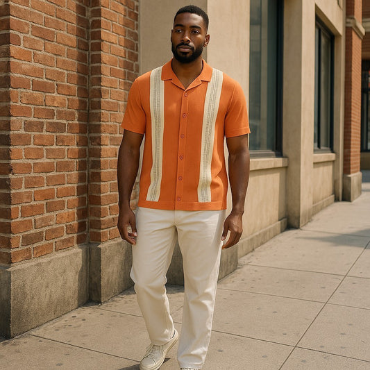 Couture Orange Tan Stripe Button Down Knit Shirt