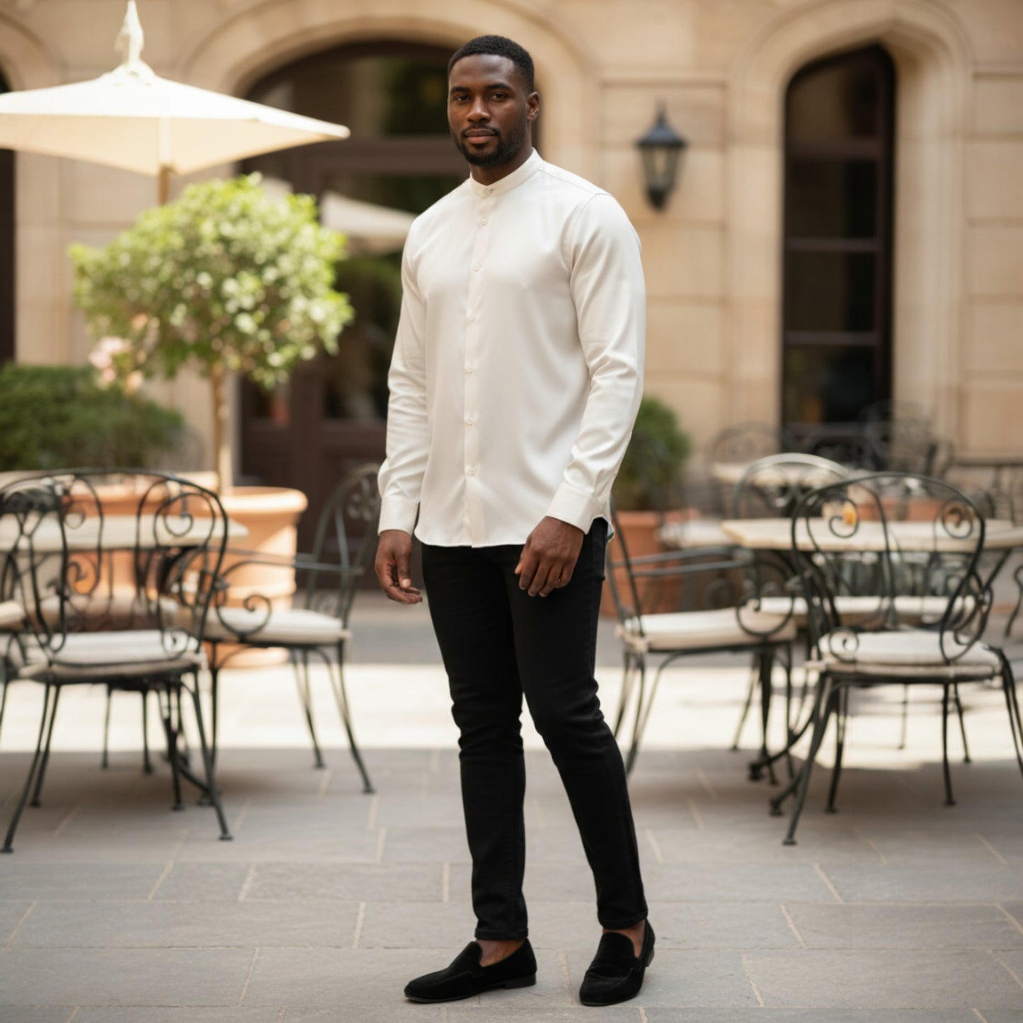 Cream Banded Collar Solid Color Satin Shirt