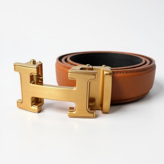 Designer Gold H Genuine Leather  Cognac Belt H591g