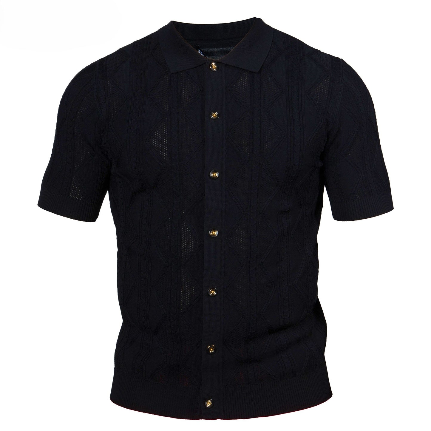 Prestige Black Knit Button Down Short Sleeve Shirt CMK-302