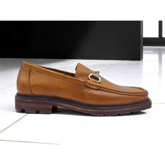 Carrucci Cognac Horsebit Lug Bottom Casual Loafer Pebble Leather Shoe