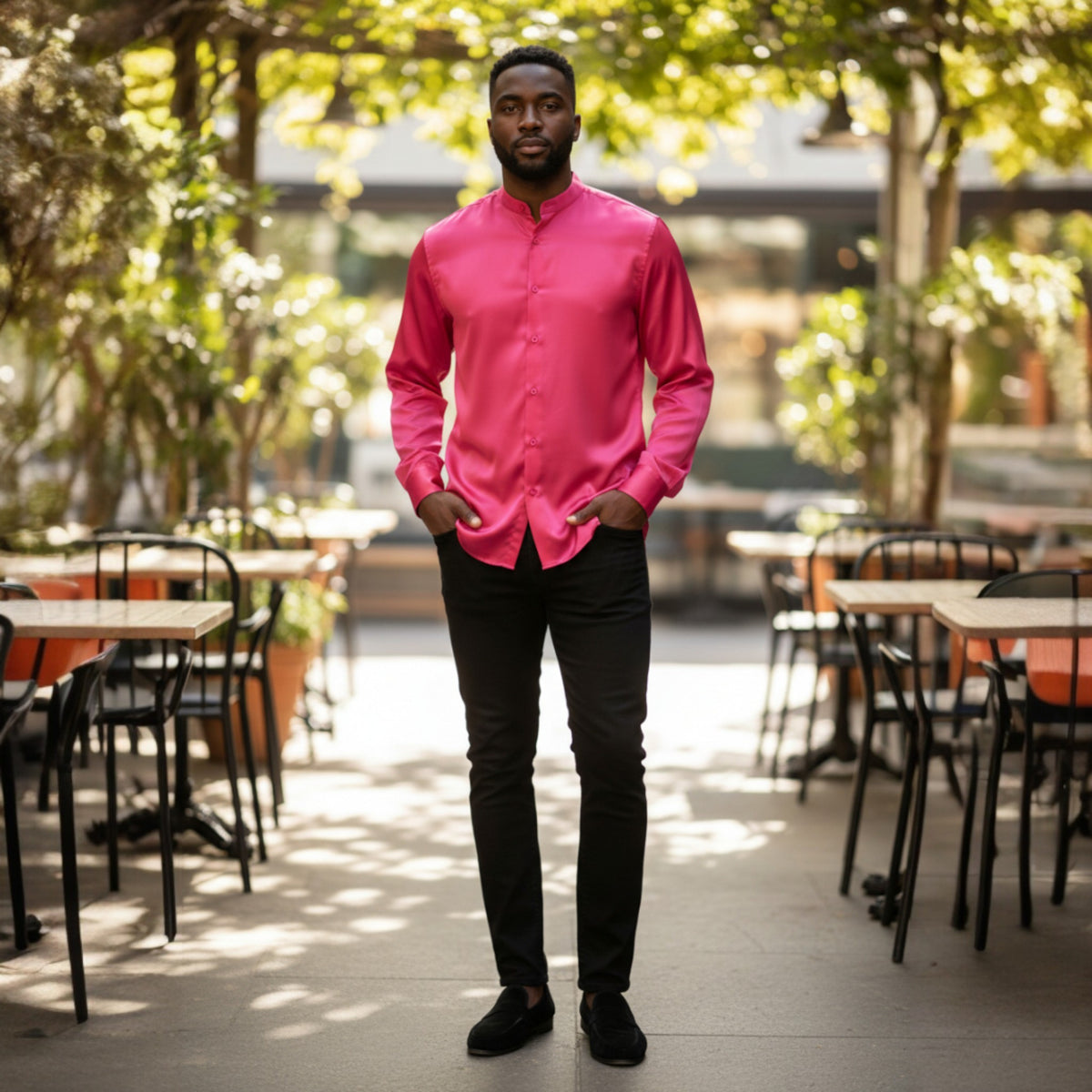 Fuchsia Pink Banded Collar Solid Color Satin Shirt