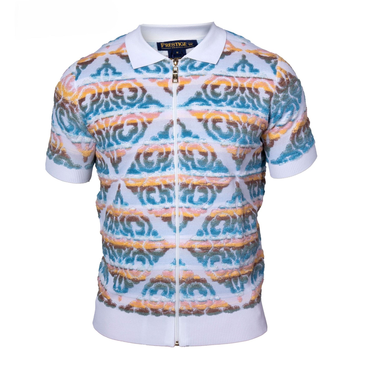Prestige Turquoise Brown Orange Terry Towel Fabric Short Sleeve Shirt CMK-6008