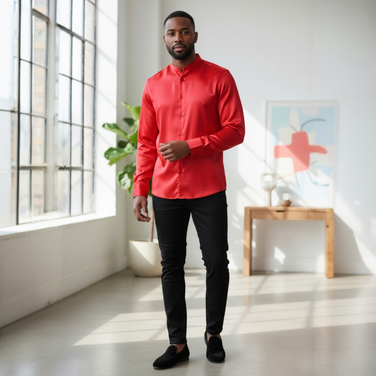 Red Banded Collar Solid Color Satin Shirt