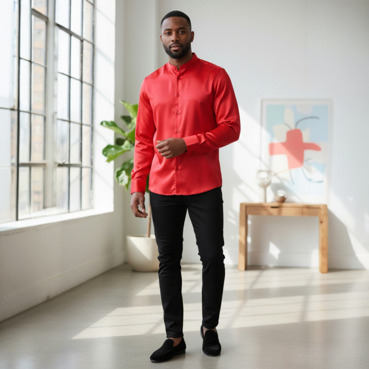 Red Banded Collar Solid Color Satin Shirt