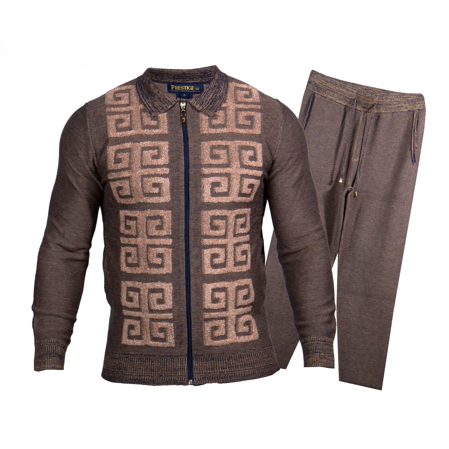 Prestige Khaki Brown Greek Key Jogger Lounger Suit LNG-350