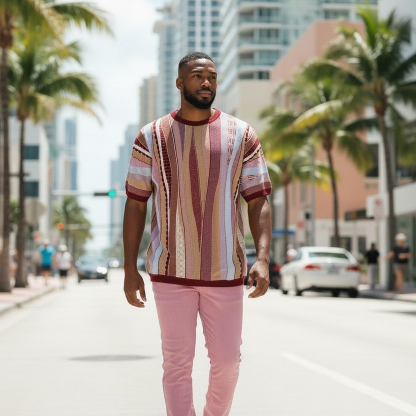 Couture Coogi Style Burgundy Beige Pink Crew Neck Short Sleeve Shirt CR-1685