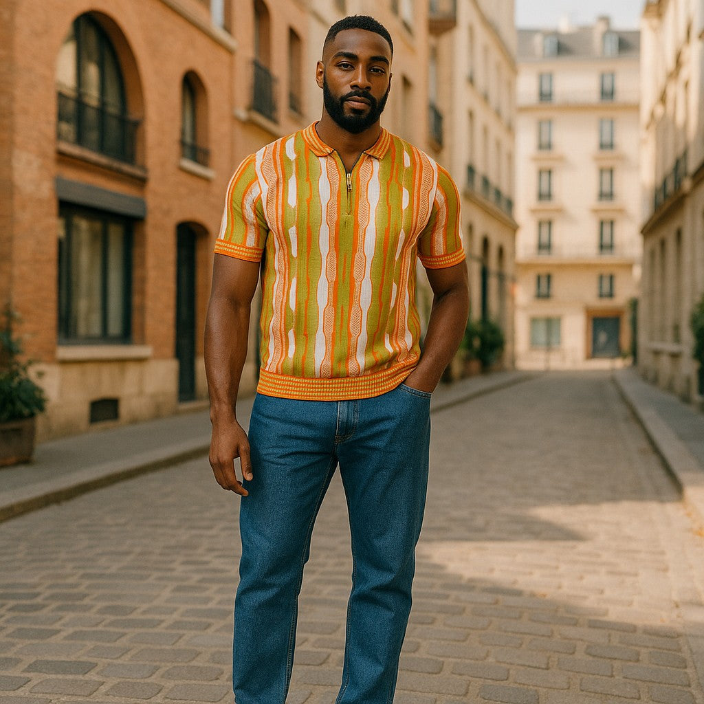 coogi mens dress shirts Prestige Luxury Coogi Inspired Green Orange Polo Shirt CMK-396 AVOCADO / Medium