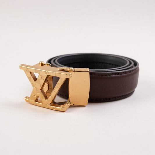 Designer Gold LV Genuine Leather Brown Belt L372g