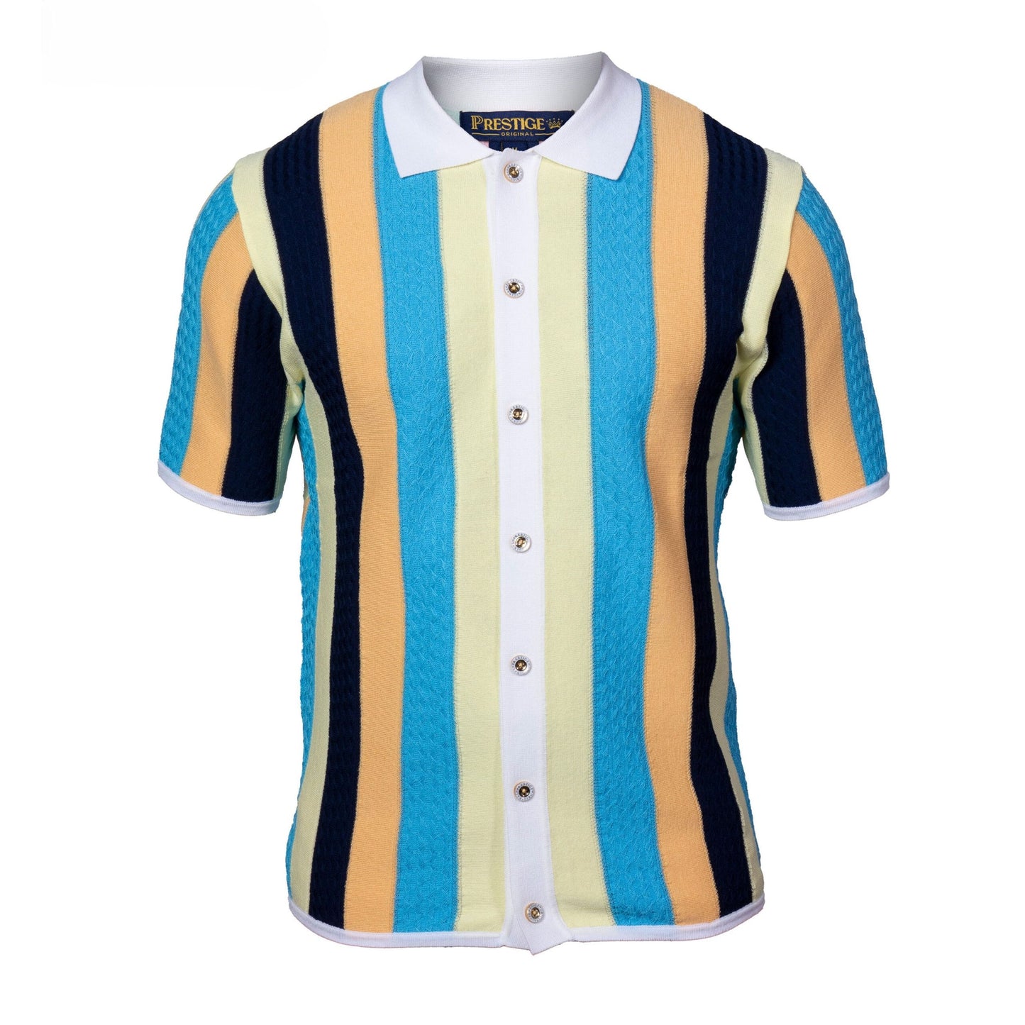 Prestige Luxury Maize Orange Turquoise Navy Button Down Short Sleeve Shirt CMK-6025
