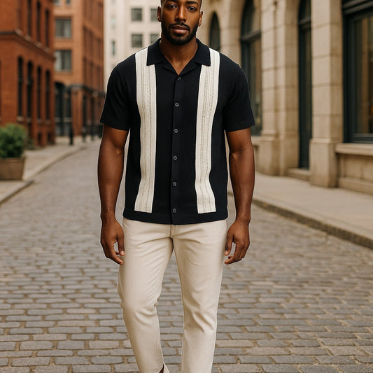 Couture Black White Stripe Button Down Knit Shirt