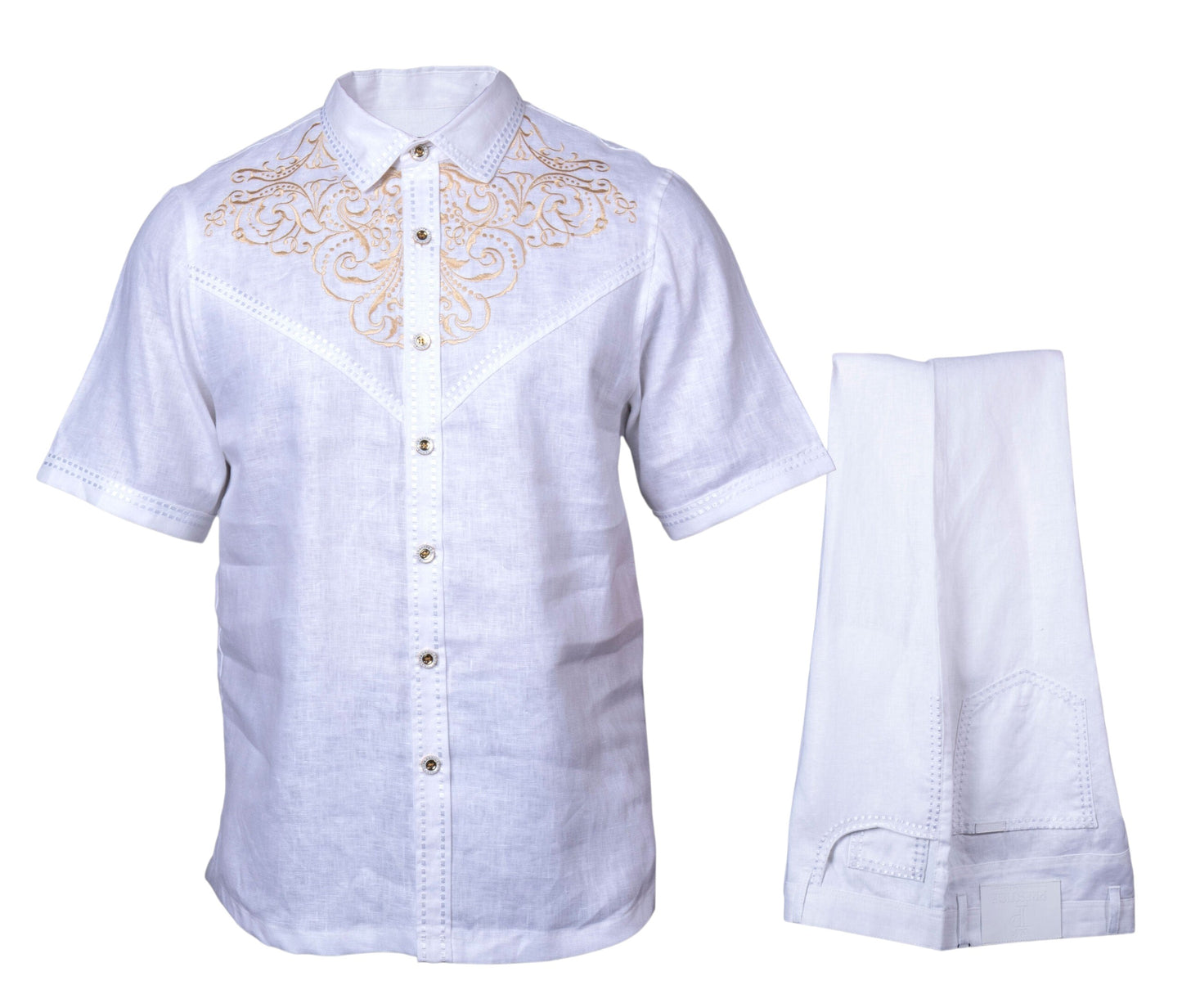 Prestige Luxury White Gold Embroidered Linen Casual Suit - LUX-635