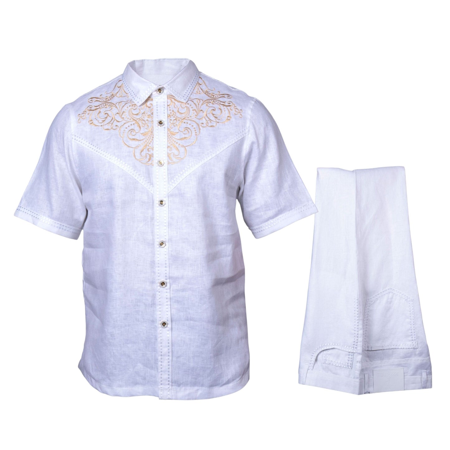 Prestige Luxury White Gold Embroidered Linen Casual Suit - LUX-635