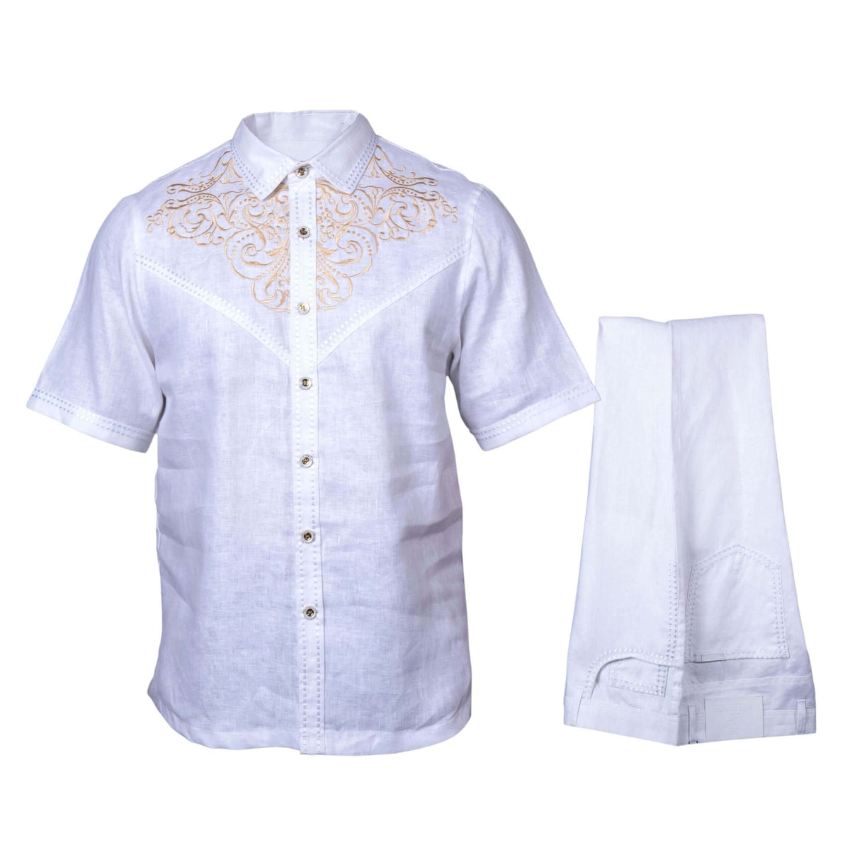 Prestige Luxury White Gold Embroidered Linen Casual Suit - LUX-635