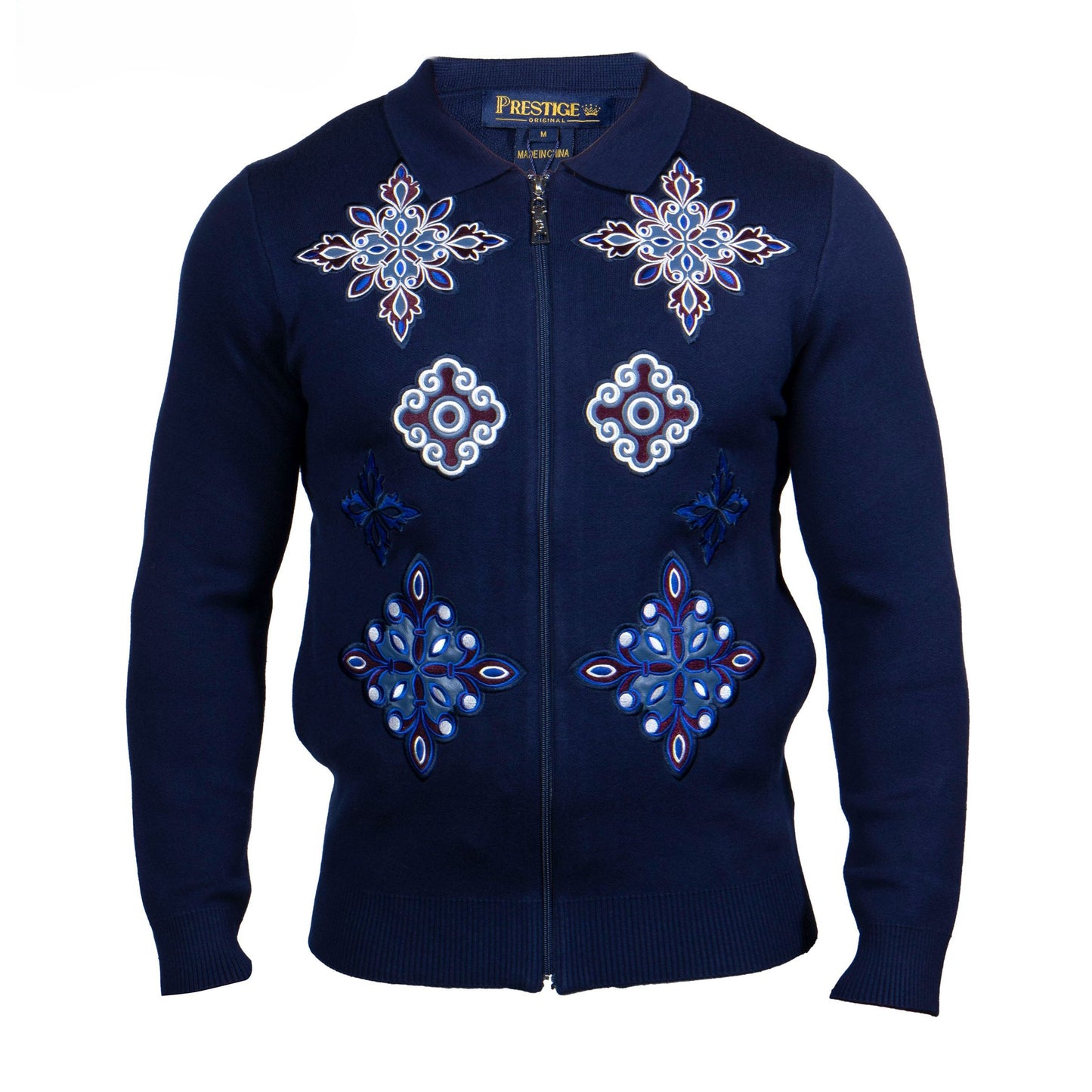 Prestige Luxury Blue Silver Floral Patch Zip Sweater - SW-657