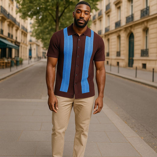 Couture Brown Carolina Blue Stripe Down Knit Shirt