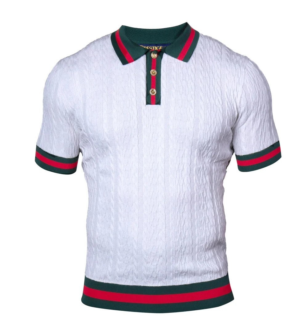 Prestige Luxury White Green Red Ribbon Knit Polo Shirt CMK-6037