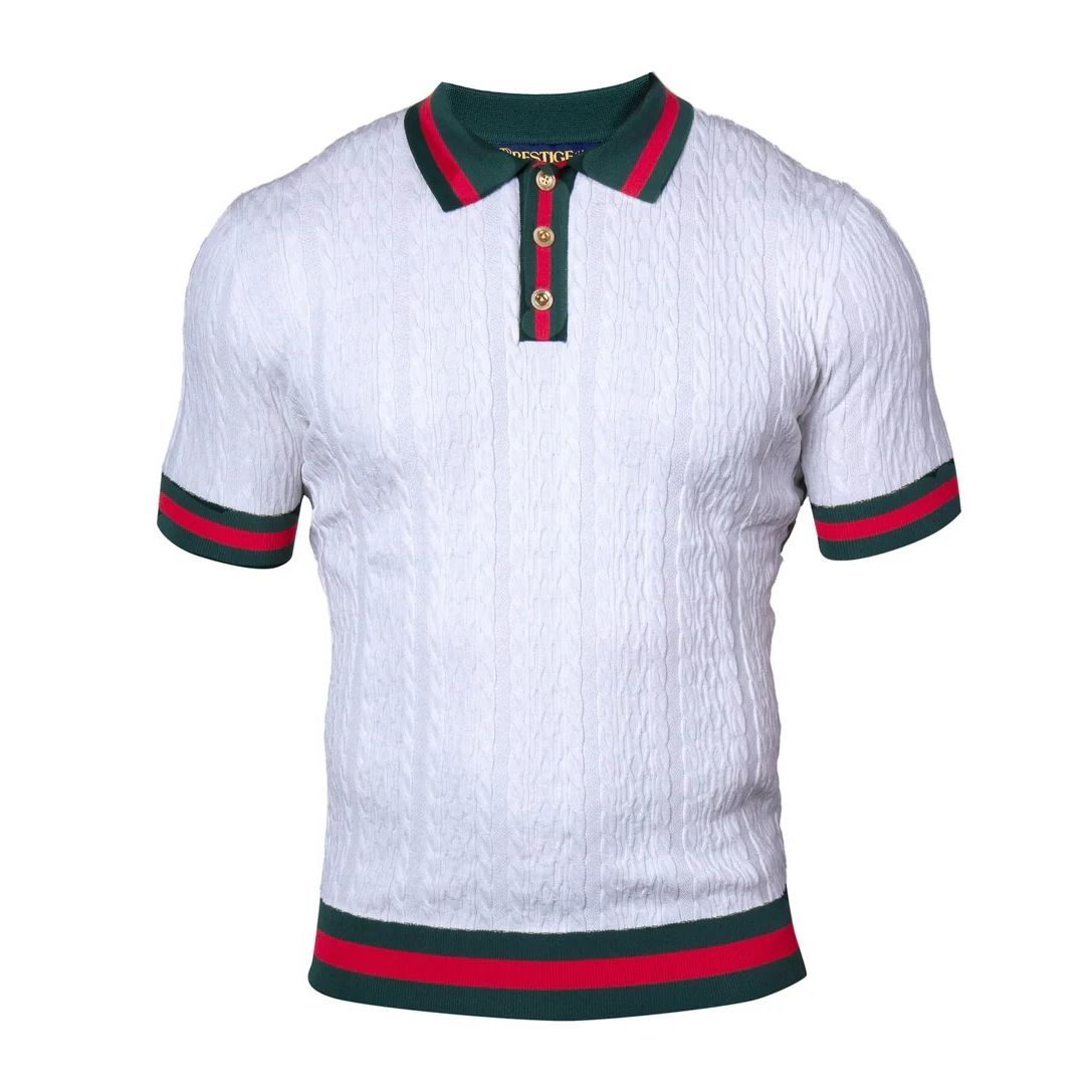 Prestige Luxury White Green Red Ribbon Knit Polo Shirt CMK-6037
