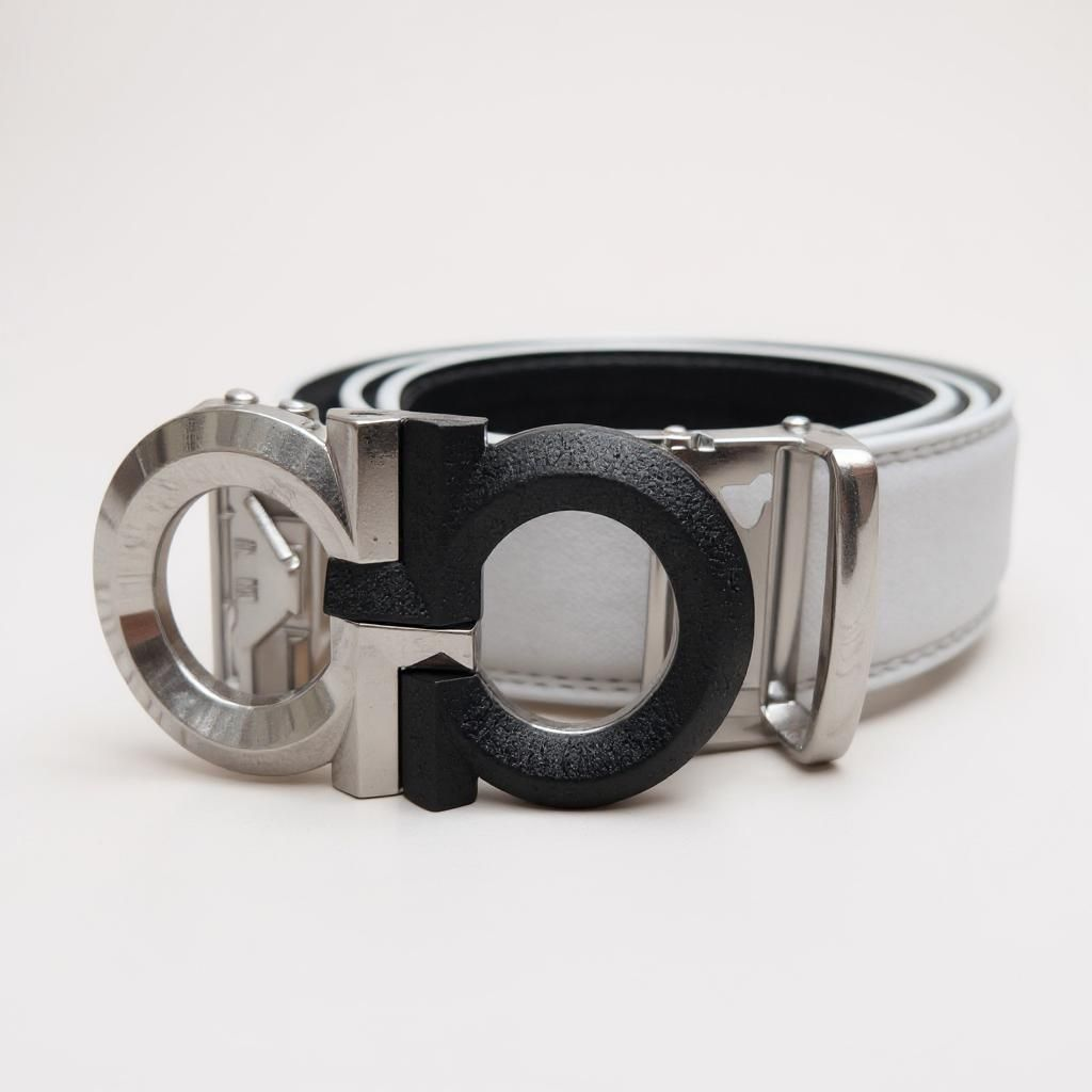 Designer Silver Black Genuine Leather White Belt F83sb