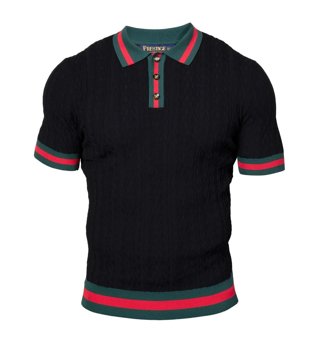 Prestige Luxury Black Green Red Ribbon Knit Polo Shirt CMK-6037