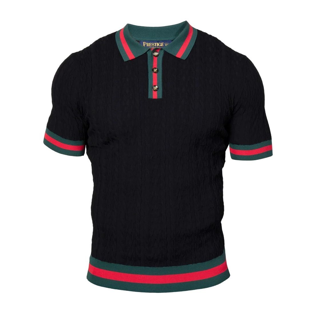 Prestige Luxury Black Green Red Ribbon Knit Polo Shirt CMK-6037