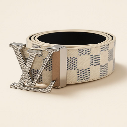 Designer Silver LV Genuine Leather Cream Check Belt L372s
