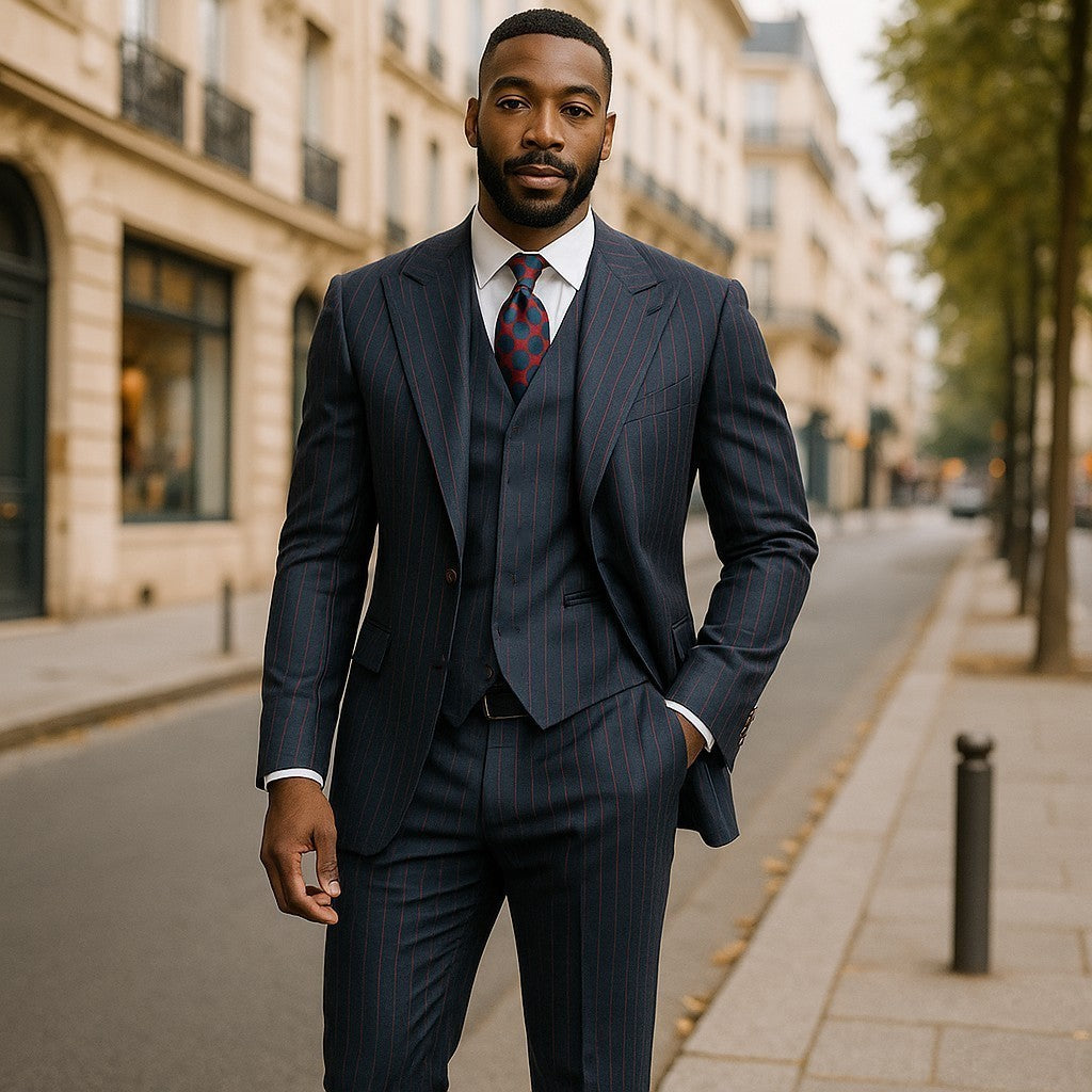 Tiglio Navy Red Pinstripe One Button Wide Peak Lapel Double Breasted Vest Suit - TL7017 Navy / 50R Tiglio Navy Red Pinstripe One Button Wide Peak Lapel Double Breasted Vest Suit - TL7017 Navy / 50R
