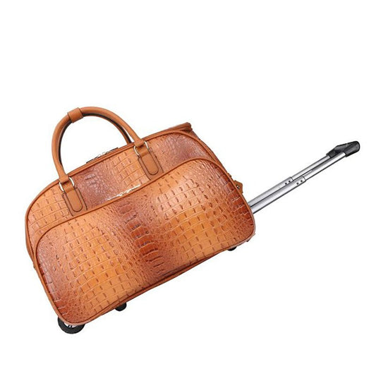 Ostrich Print Cognac Rolling Duffle Travel Bag